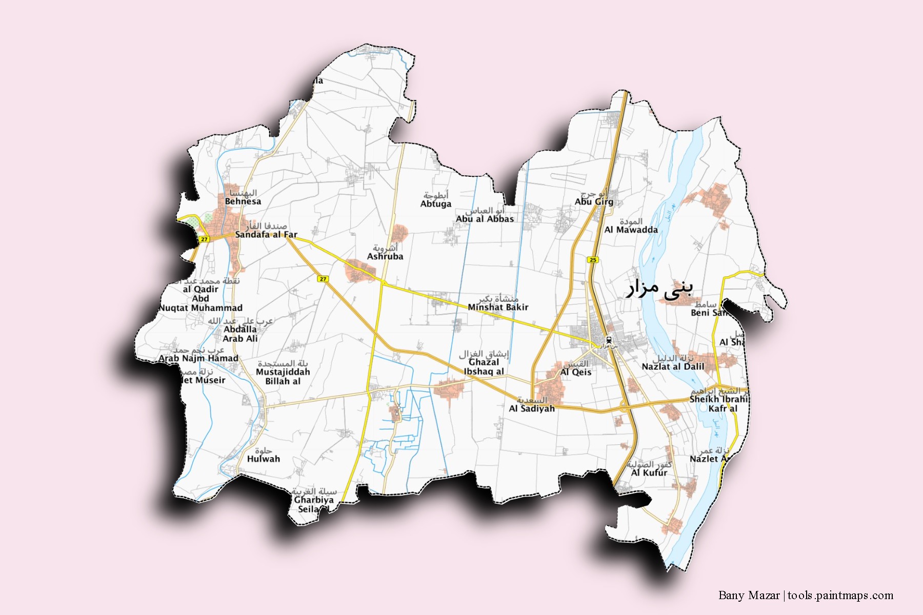 Mapa de barrios y pueblos de Bany Mazar con efecto de sombra 3D