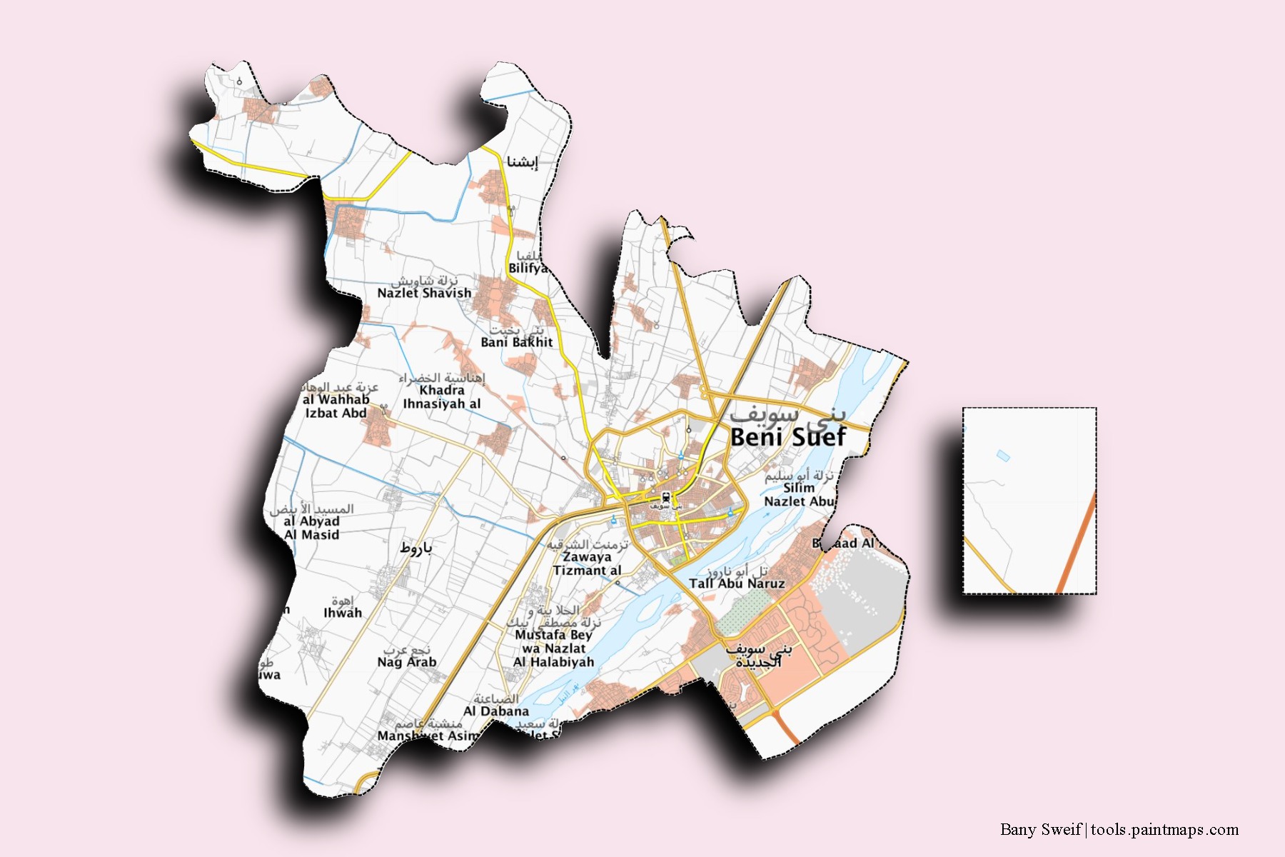 Mapa de barrios y pueblos de Bany Sweif con efecto de sombra 3D