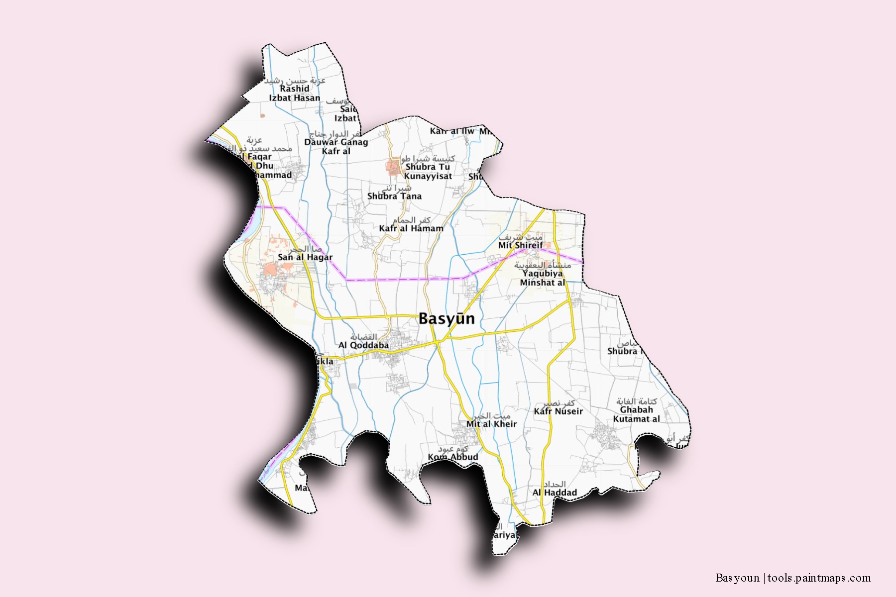 Mapa de barrios y pueblos de Basyoun con efecto de sombra 3D