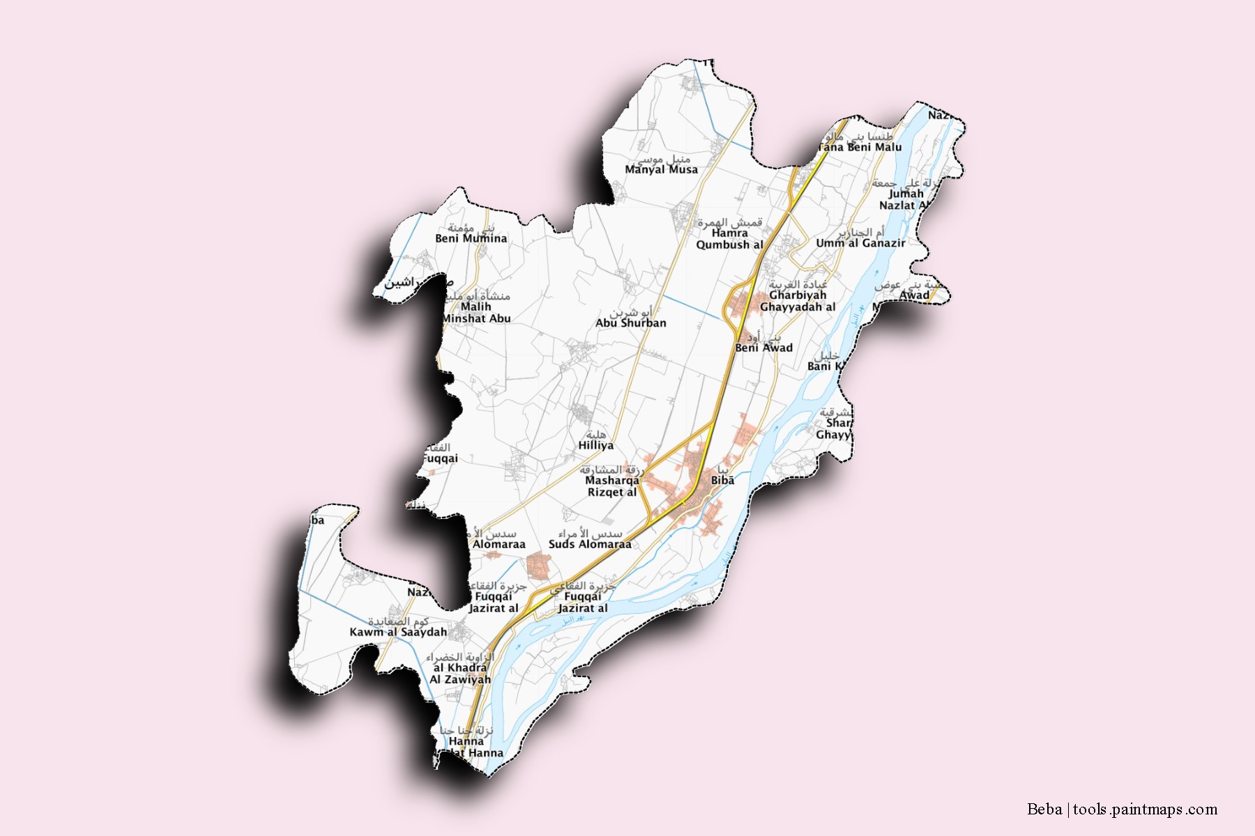 Beba neighborhoods and villages map with 3D shadow effect