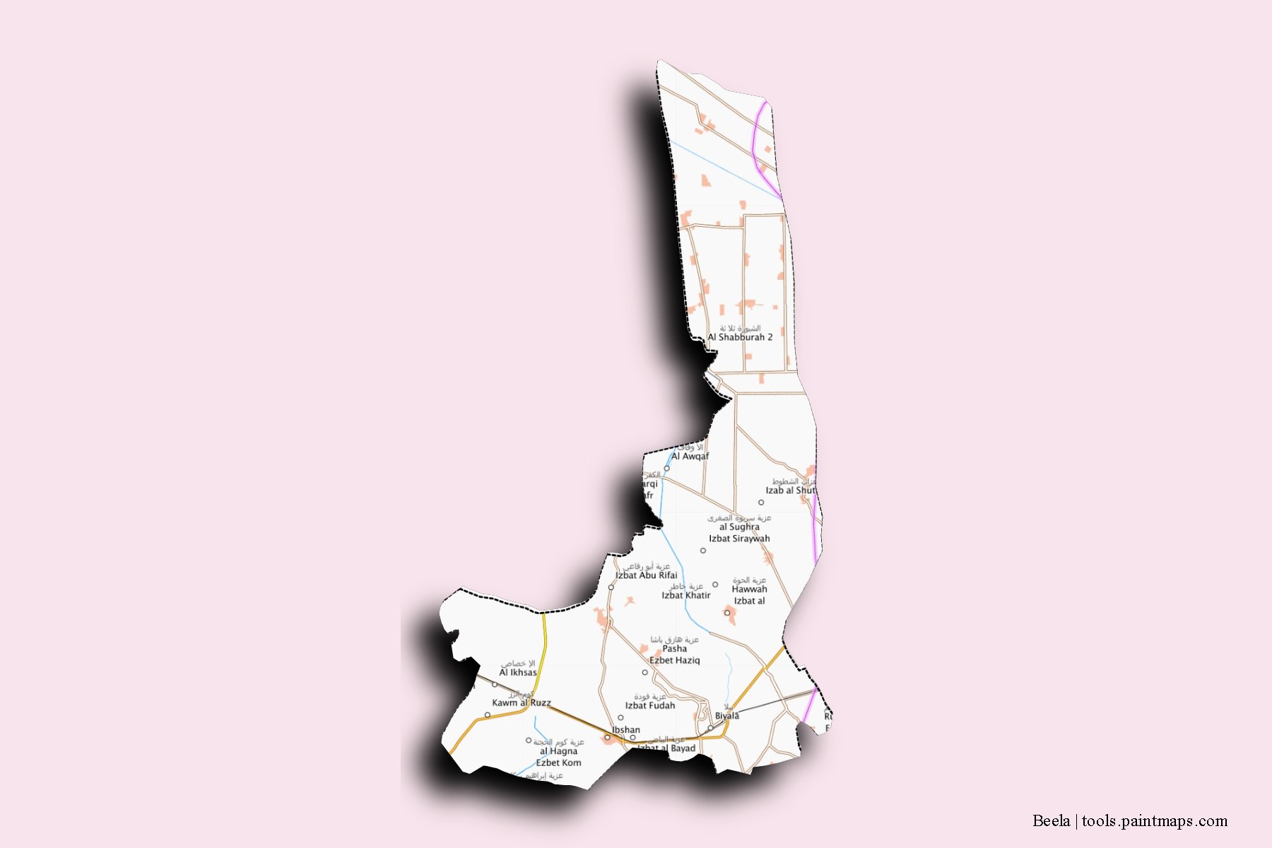 Mapa de barrios y pueblos de Beela con efecto de sombra 3D