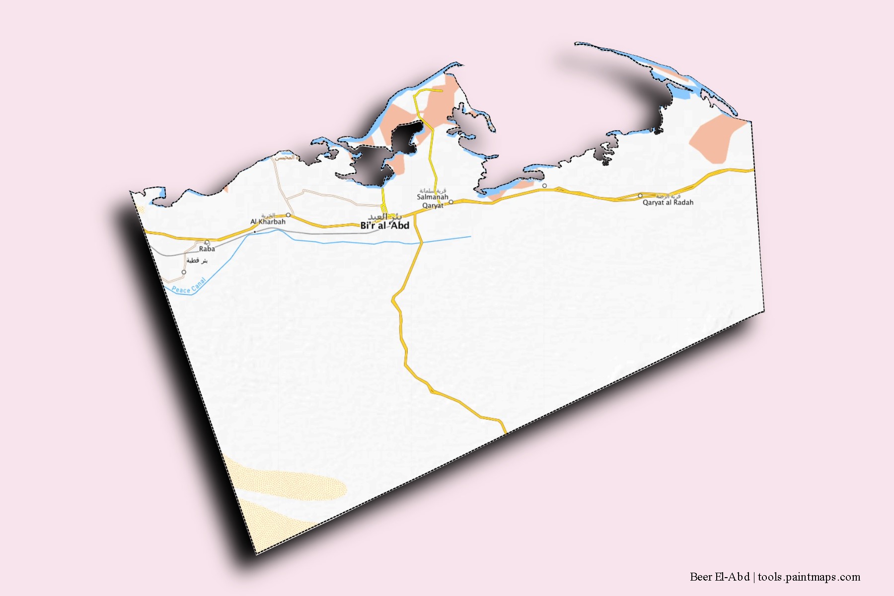 Beer El-Abd neighborhoods and villages map with 3D shadow effect