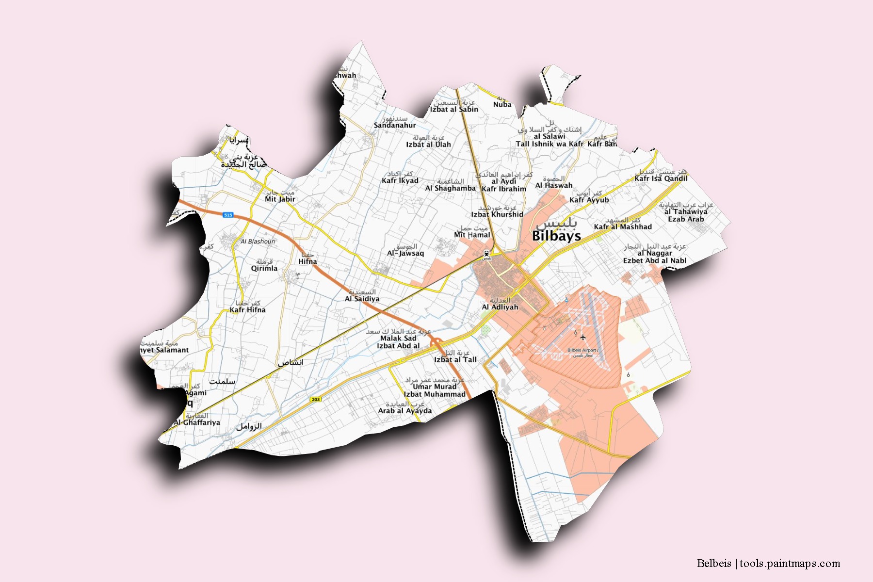3D gölge efektli Belbeis mahalleleri ve köyleri haritası