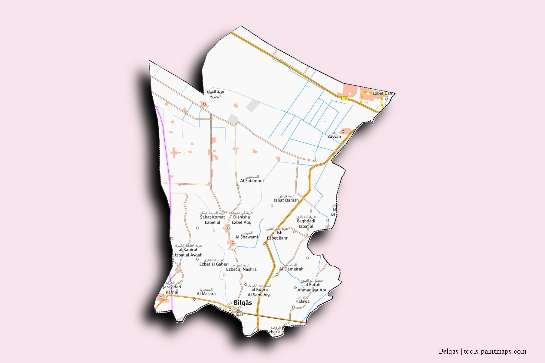 Mapa de barrios y pueblos de Belqas con efecto de sombra 3D