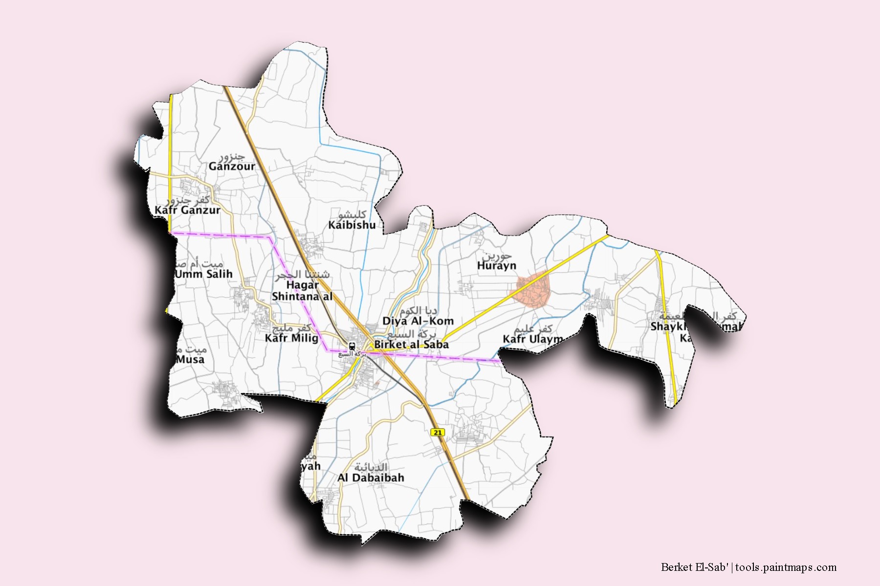 Mapa de barrios y pueblos de Berket El-Sab' con efecto de sombra 3D