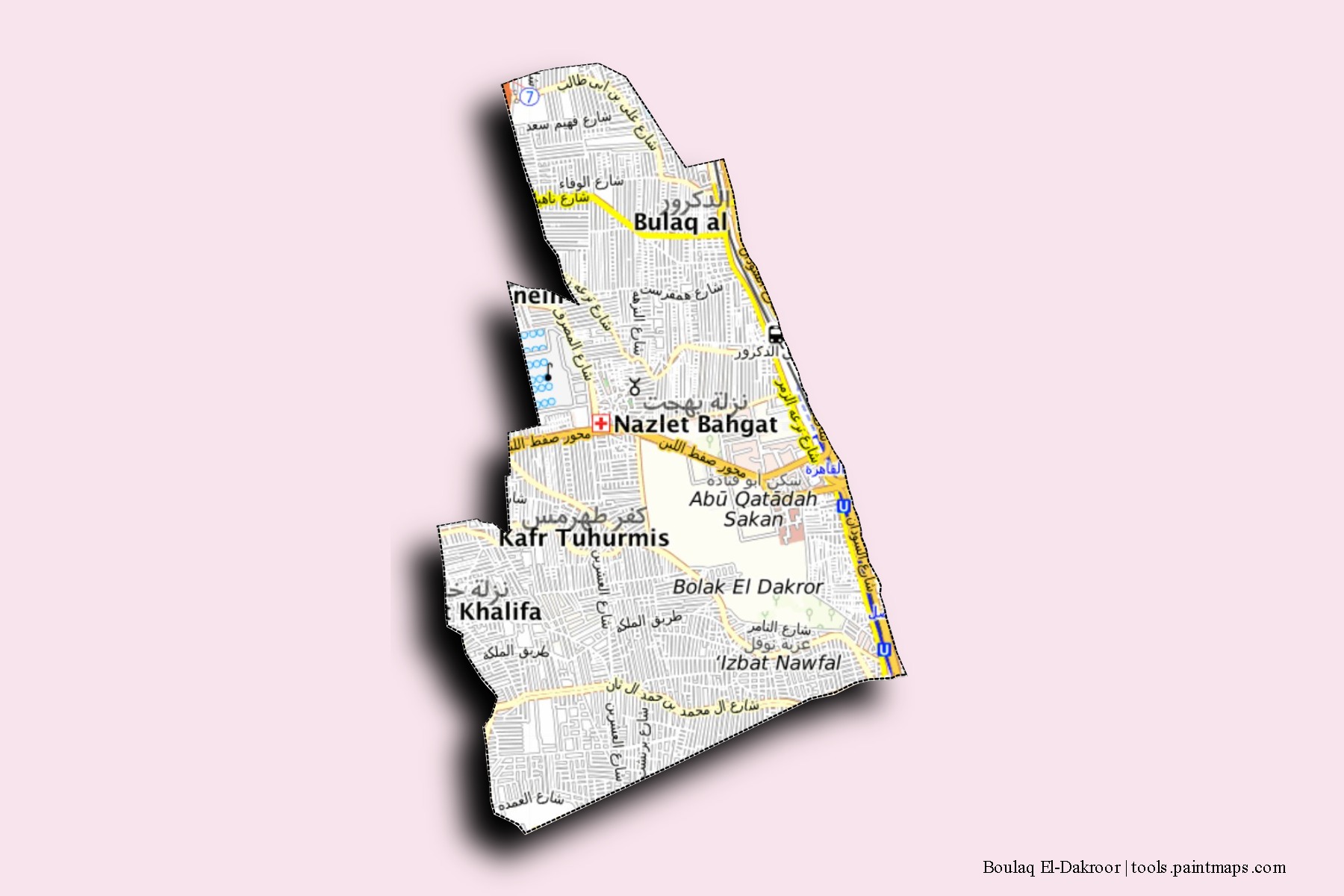 Mapa de barrios y pueblos de Boulaq El-Dakroor con efecto de sombra 3D