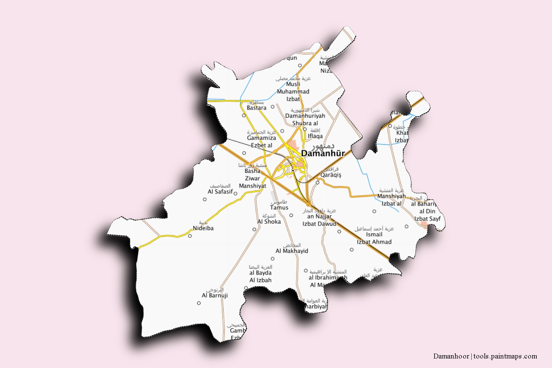 Mapa de barrios y pueblos de Damanhoor con efecto de sombra 3D