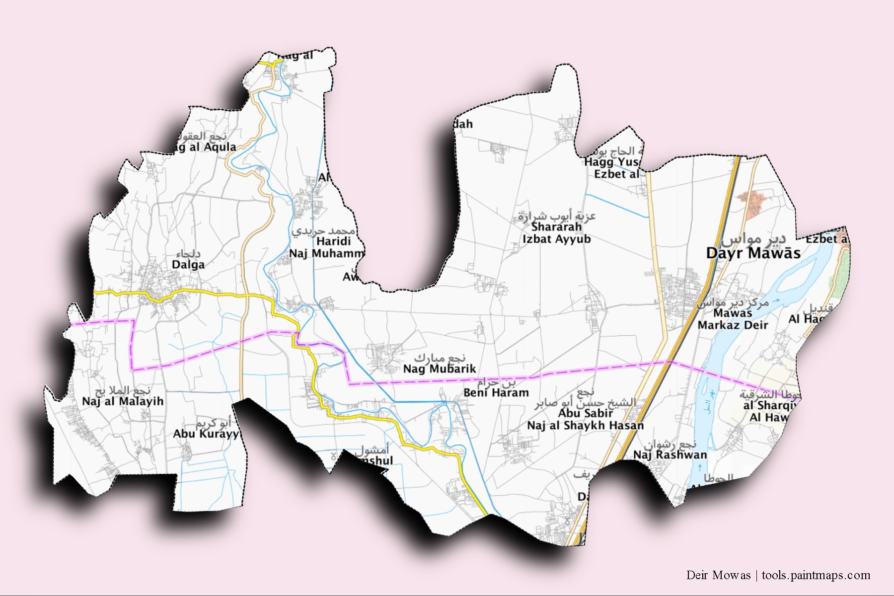 Deir Mowas neighborhoods and villages map with 3D shadow effect