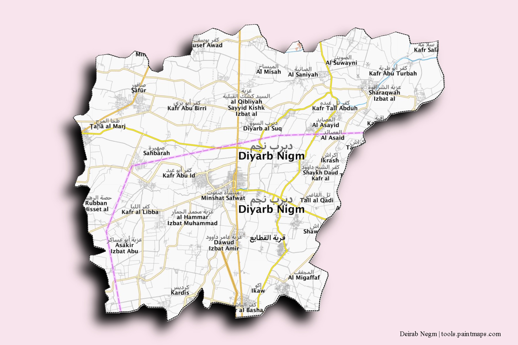 Mapa de barrios y pueblos de Deirab Negm con efecto de sombra 3D