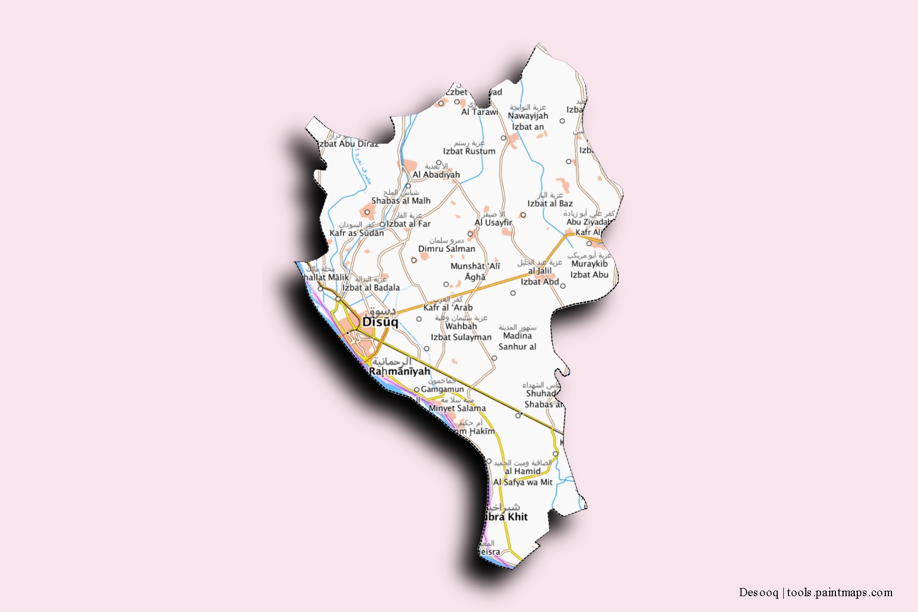 Mapa de barrios y pueblos de Desooq con efecto de sombra 3D