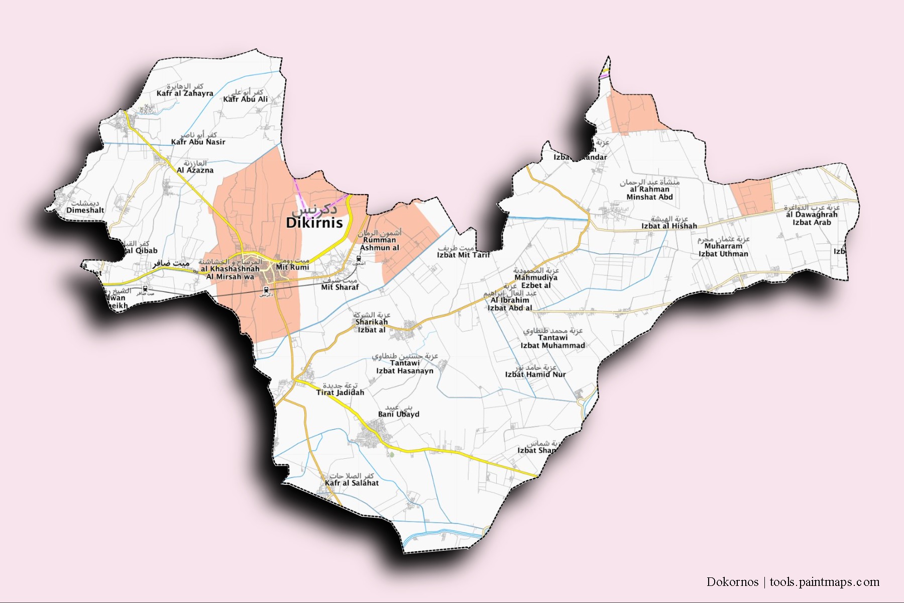 Mapa de barrios y pueblos de Dokornos con efecto de sombra 3D