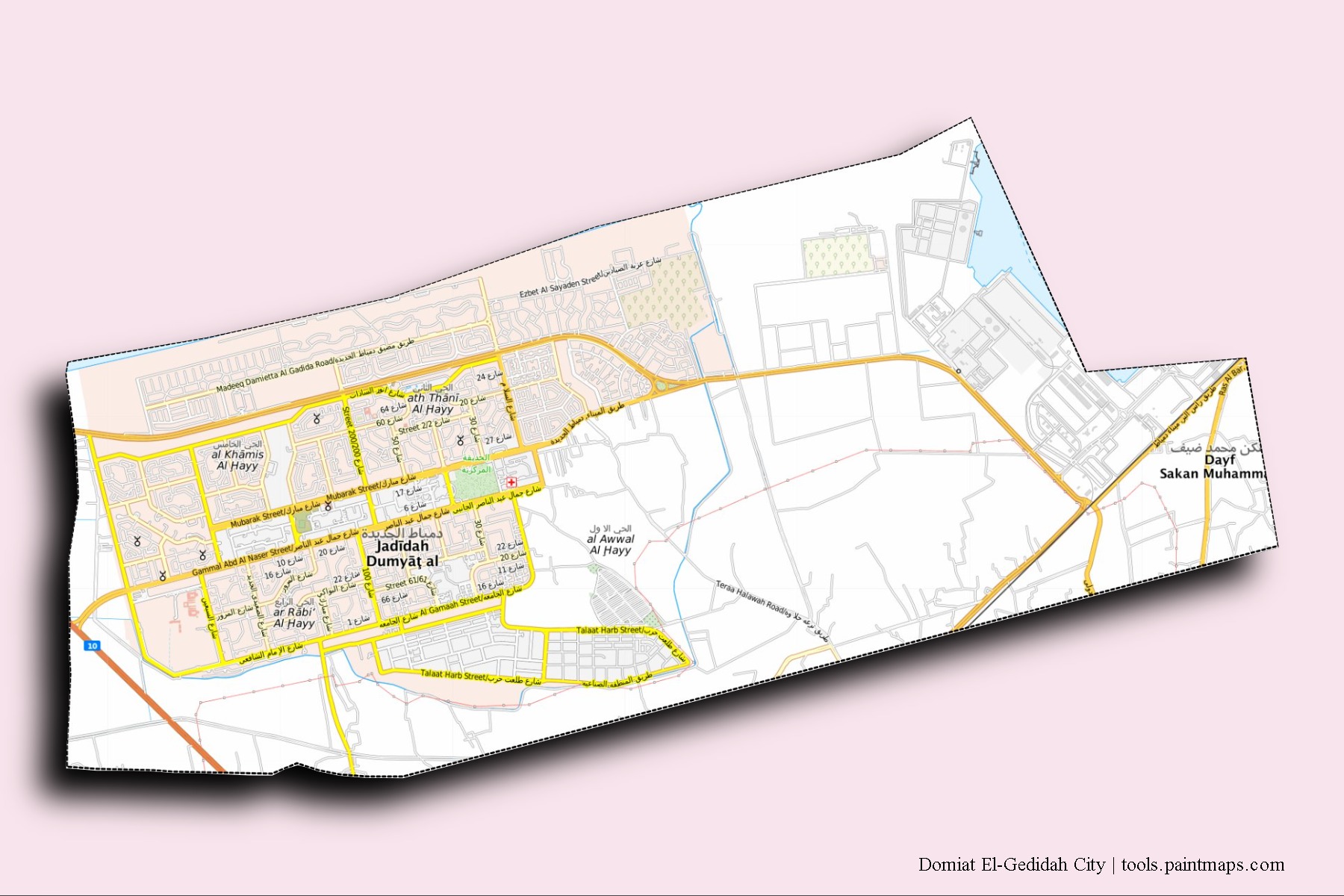 Domiat El-Gedidah City neighborhoods and villages map with 3D shadow effect