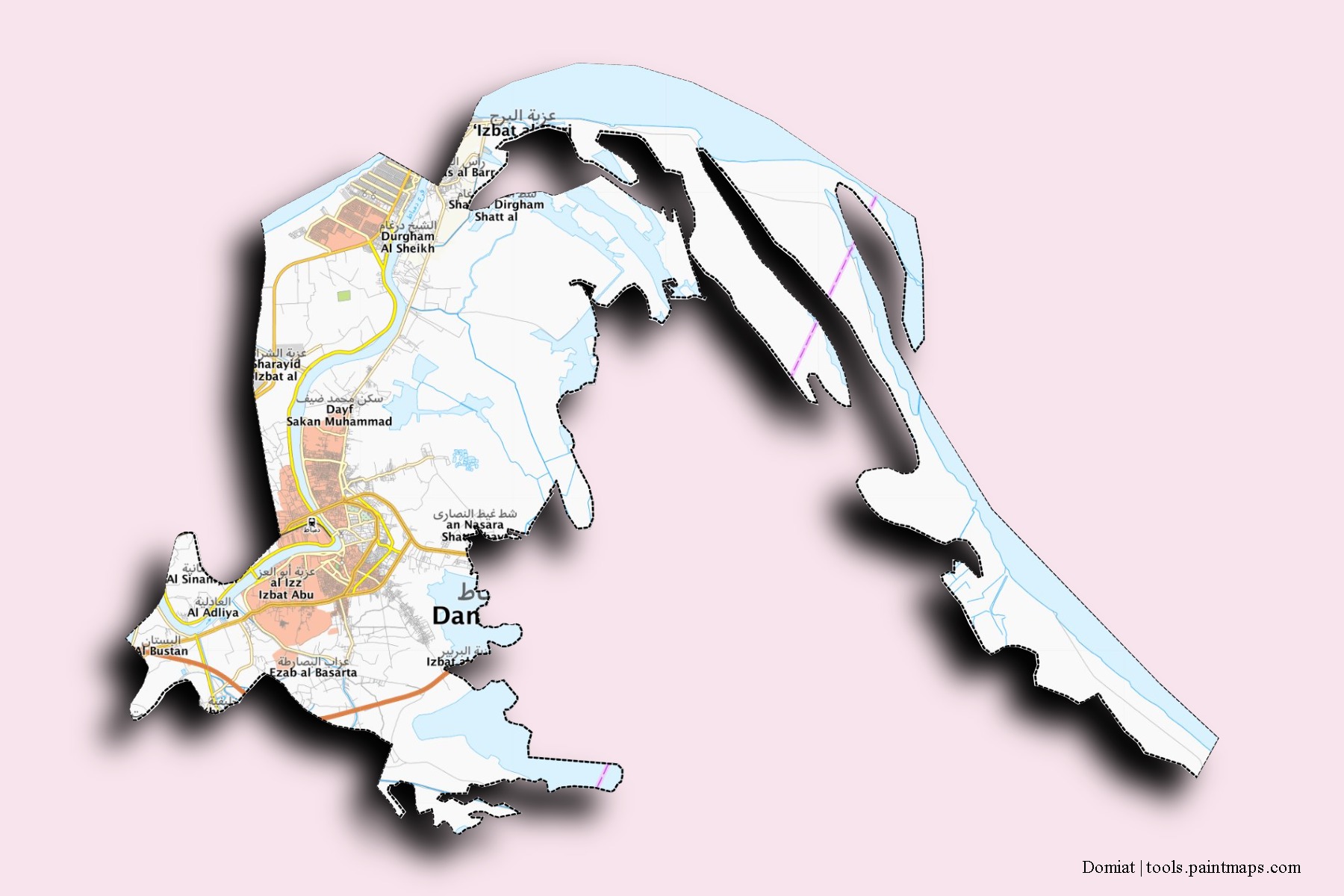 Mapa de barrios y pueblos de Domiat con efecto de sombra 3D