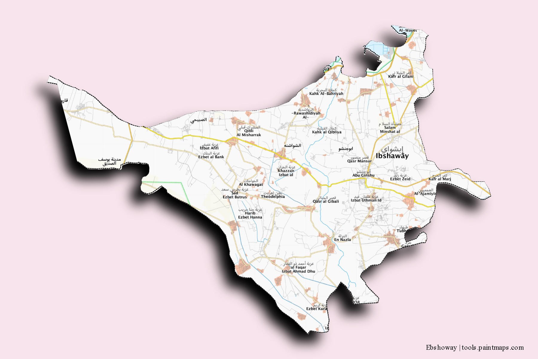 Mapa de barrios y pueblos de Ebshoway con efecto de sombra 3D