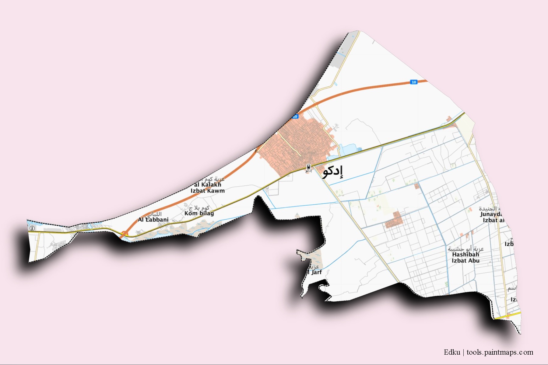 Mapa de barrios y pueblos de Edku con efecto de sombra 3D