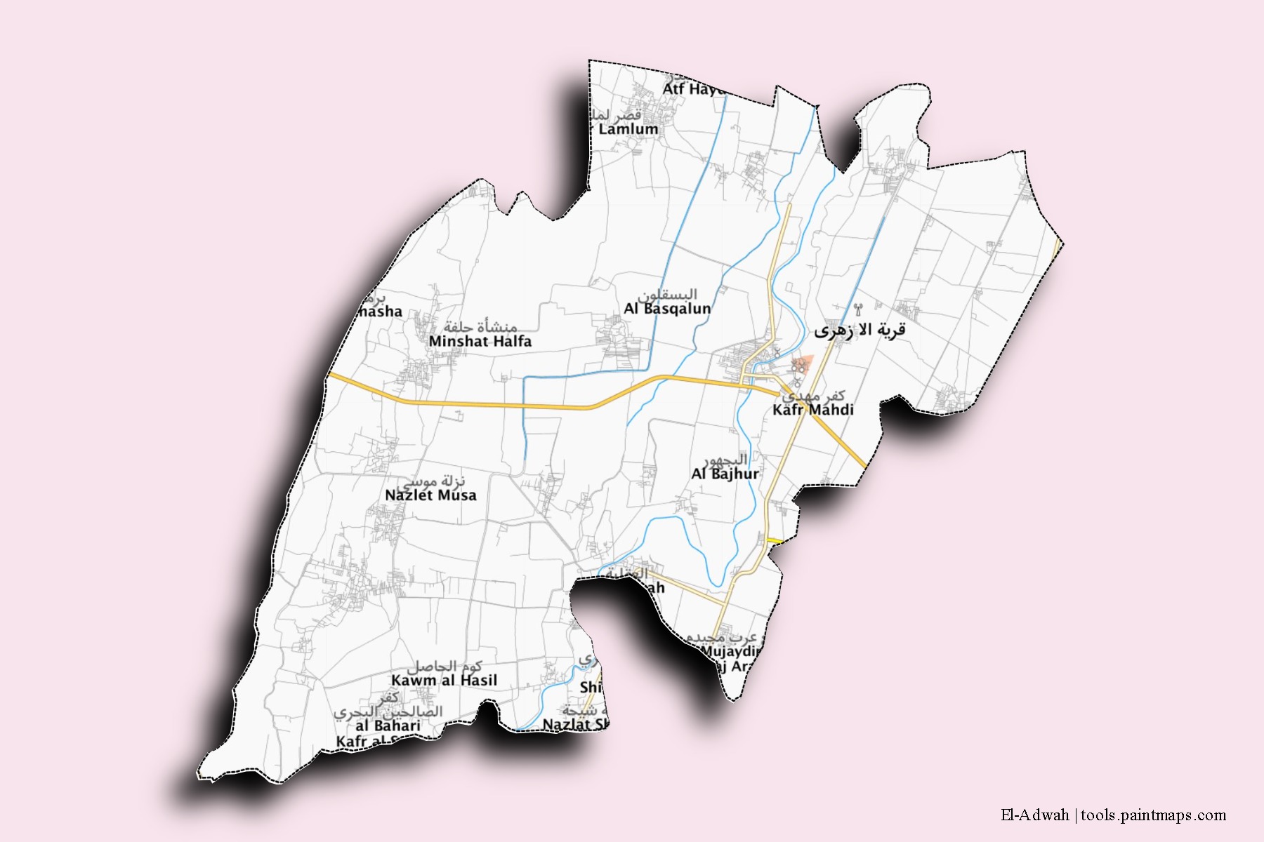 Mapa de barrios y pueblos de El-Adwah con efecto de sombra 3D