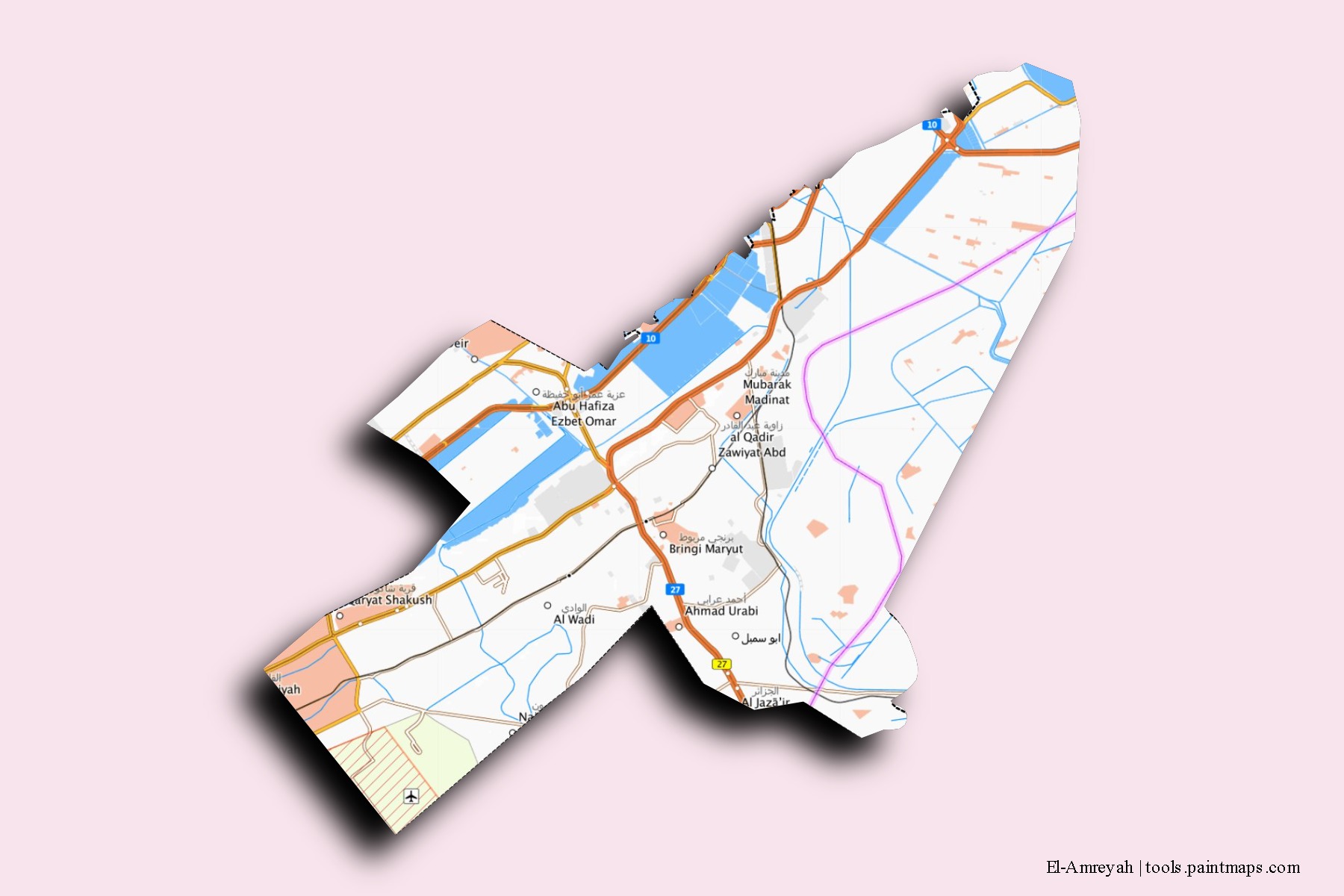 Mapa de barrios y pueblos de El-Amreyah con efecto de sombra 3D