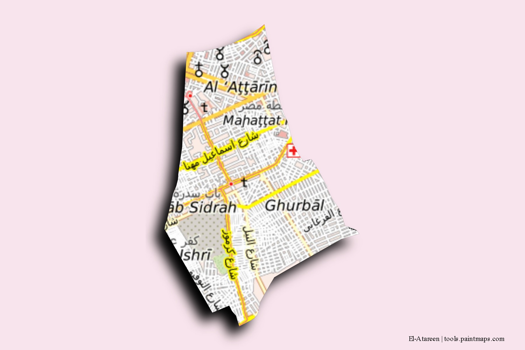 Mapa de barrios y pueblos de El-Atareen con efecto de sombra 3D