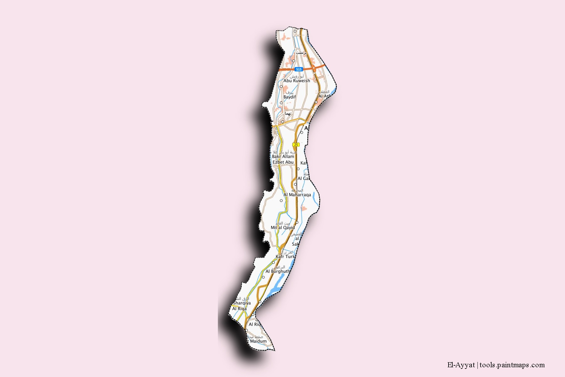 Mapa de barrios y pueblos de El-Ayyat con efecto de sombra 3D