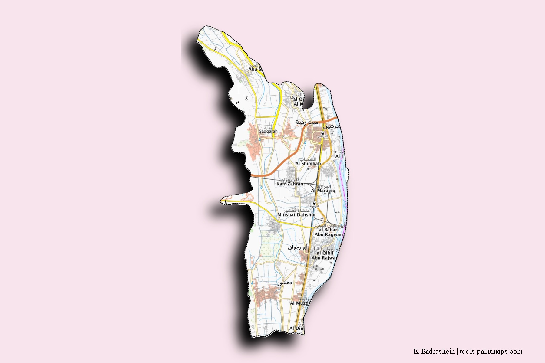 Mapa de barrios y pueblos de El-Badrashein con efecto de sombra 3D