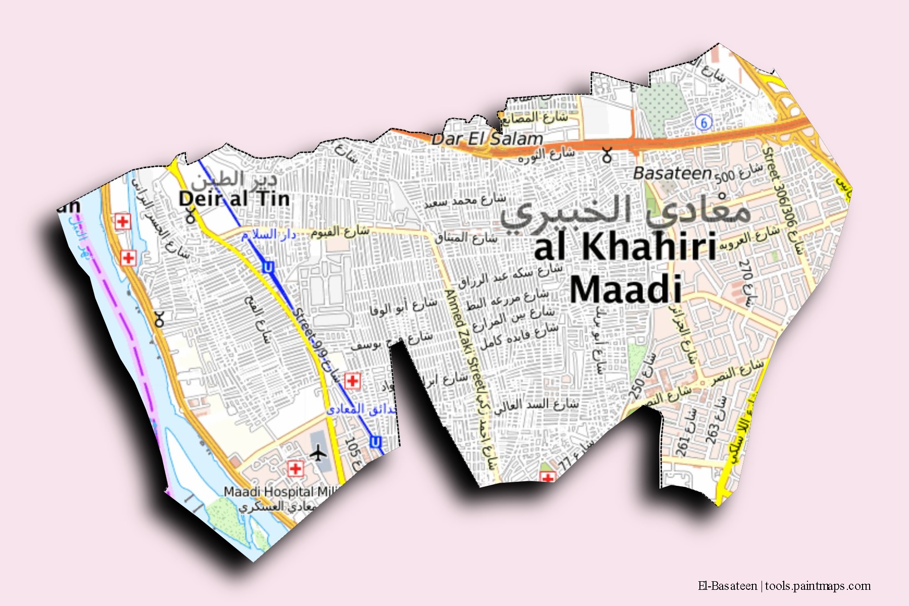 El-Basateen neighborhoods and villages map with 3D shadow effect