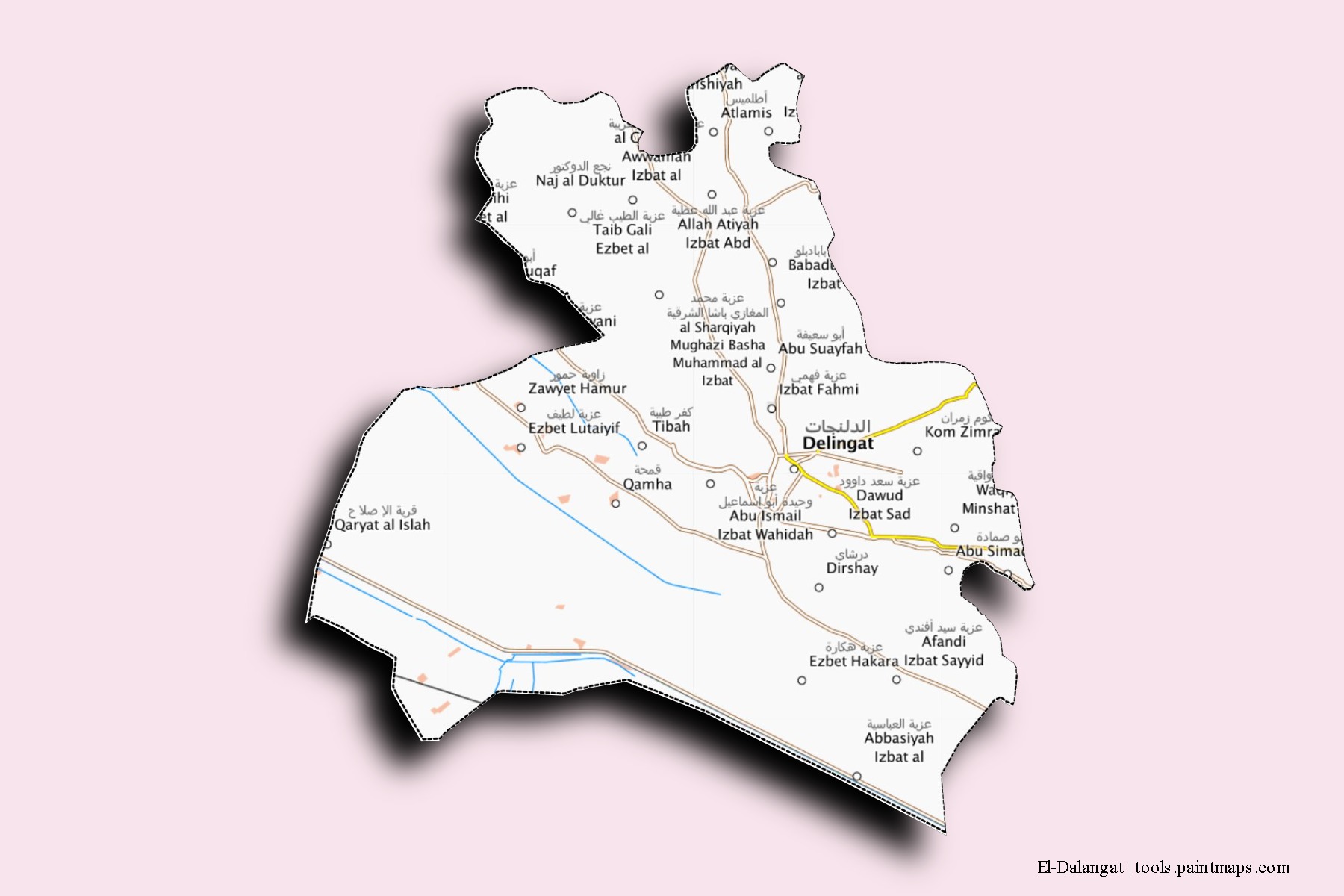 Mapa de barrios y pueblos de El-Dalangat con efecto de sombra 3D