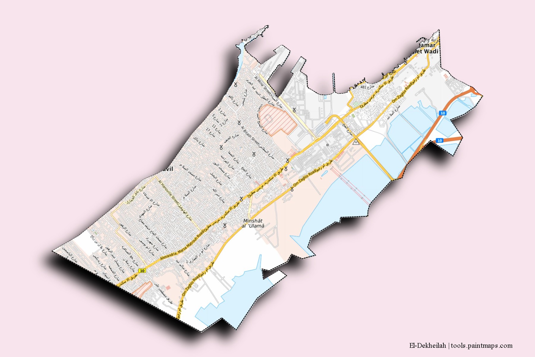 Mapa de barrios y pueblos de El-Dekheilah con efecto de sombra 3D