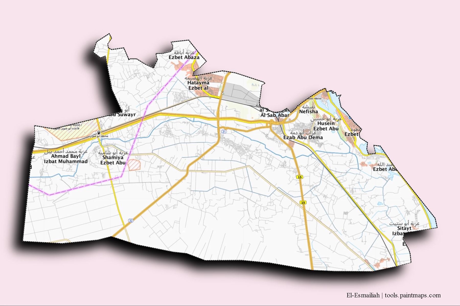 Mapa de barrios y pueblos de El-Esmailiah con efecto de sombra 3D