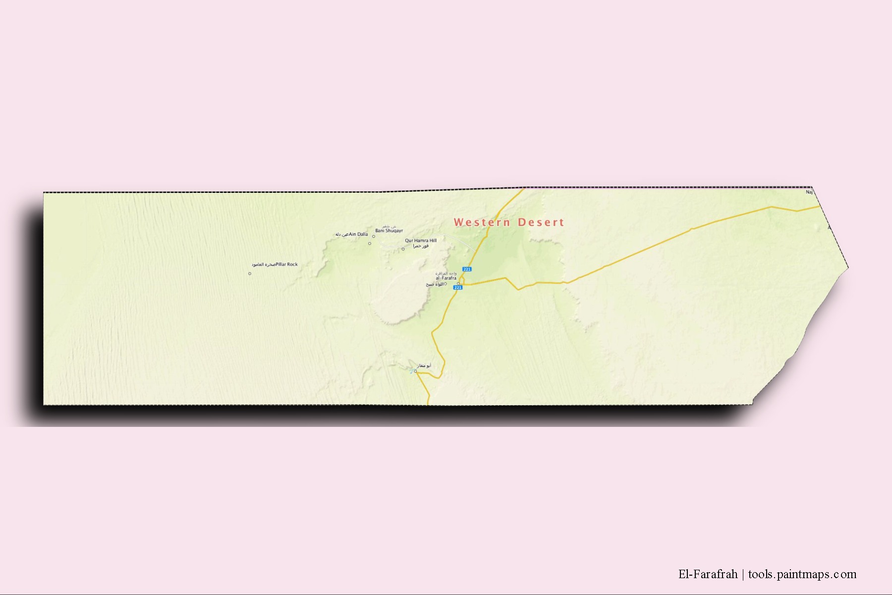 Mapa de barrios y pueblos de El-Farafrah con efecto de sombra 3D