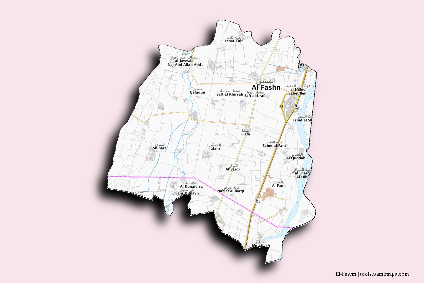 Mapa de barrios y pueblos de El-Fashn con efecto de sombra 3D