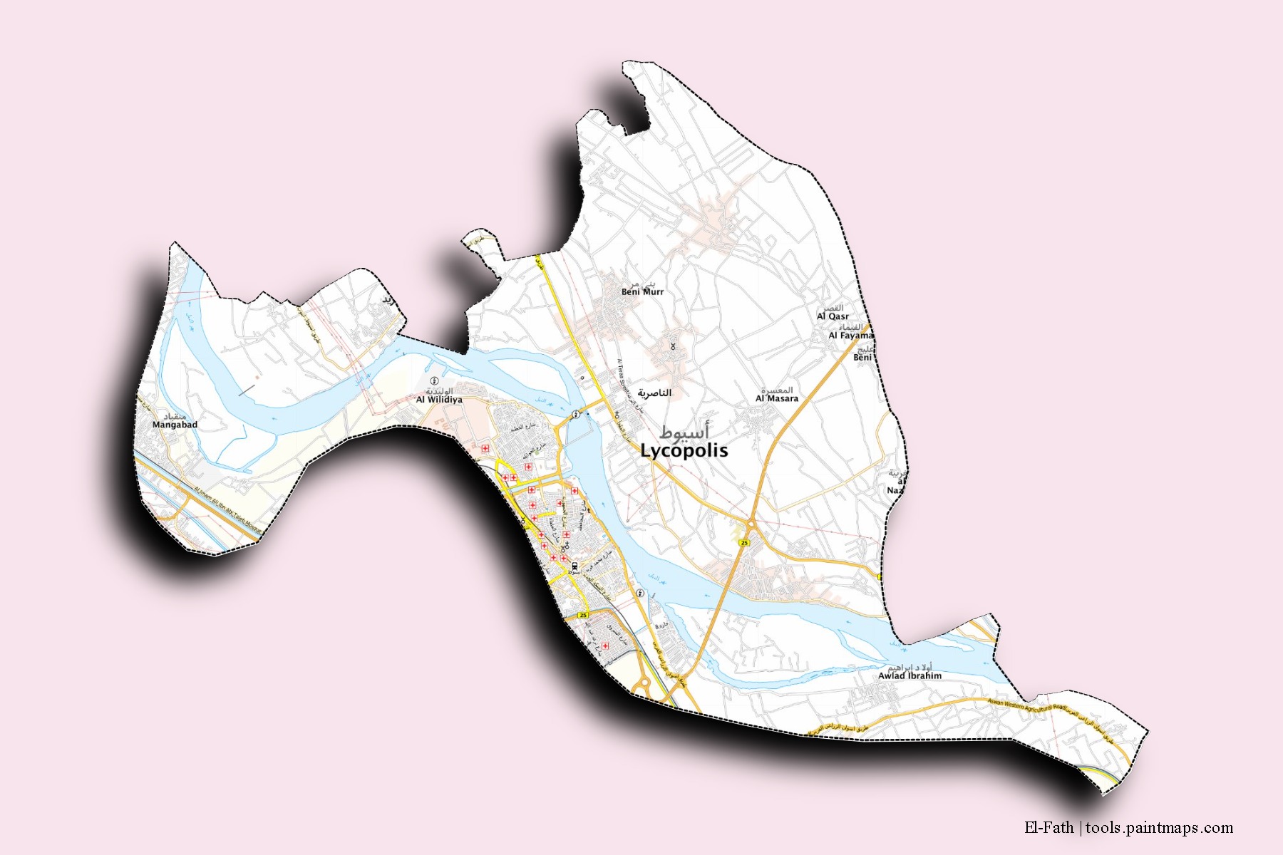 El-Fath neighborhoods and villages map with 3D shadow effect