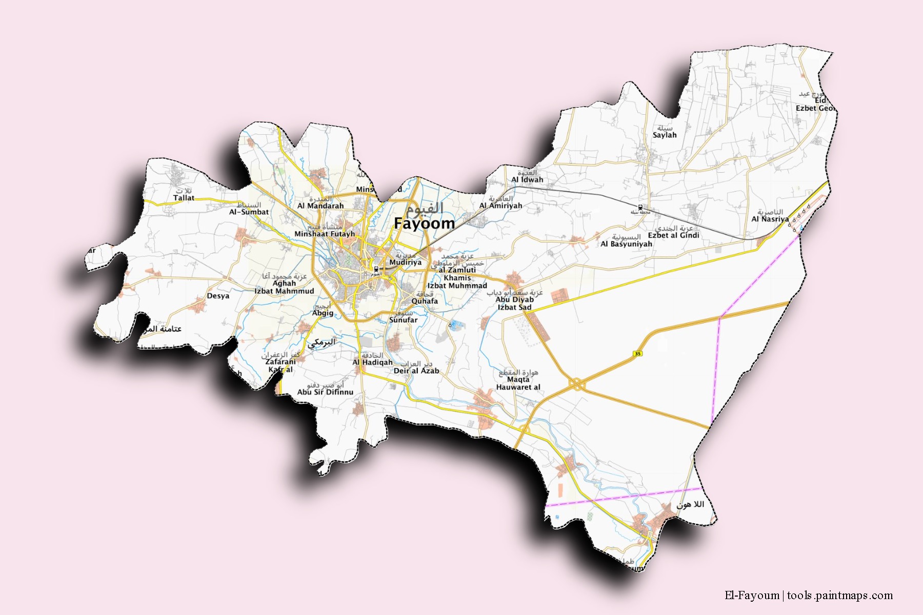 Mapa de barrios y pueblos de El-Fayoum con efecto de sombra 3D