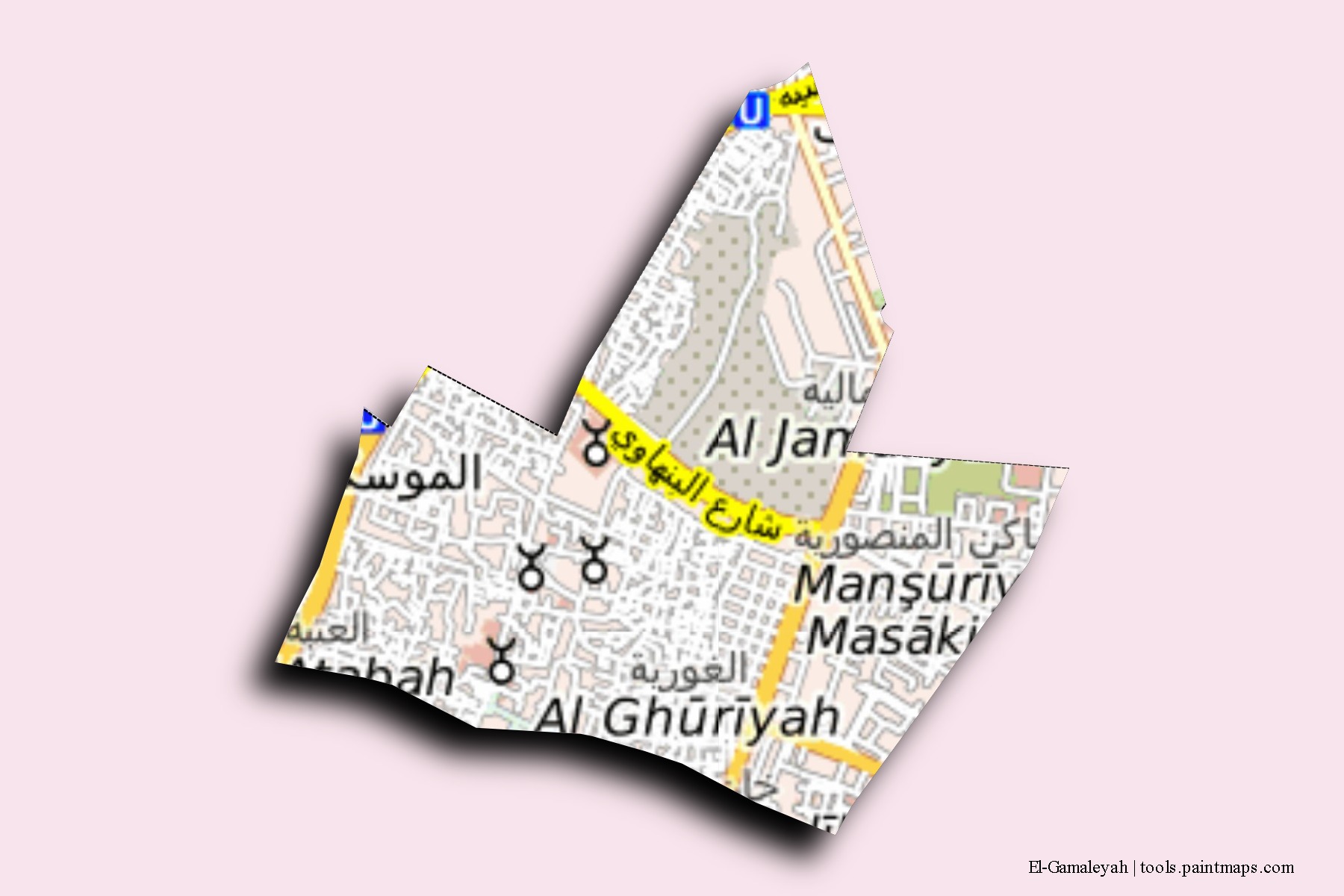 Mapa de barrios y pueblos de El-Gamaleyah con efecto de sombra 3D