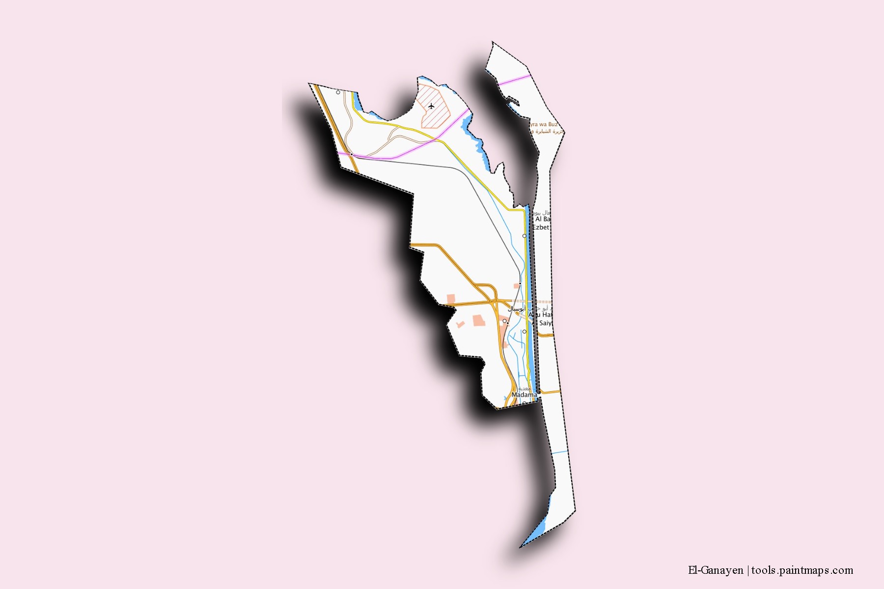 El-Ganayen neighborhoods and villages map with 3D shadow effect