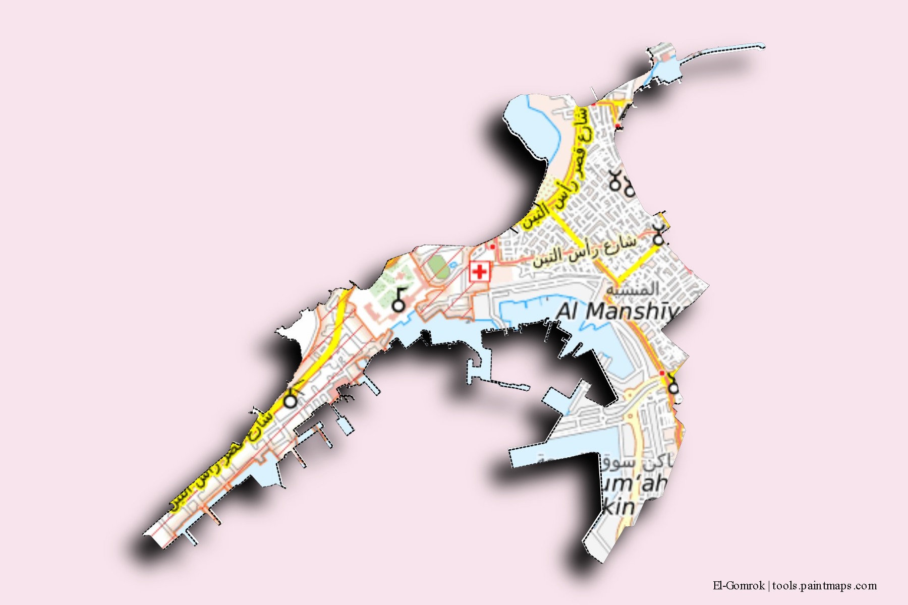 Mapa de barrios y pueblos de El-Gomrok con efecto de sombra 3D