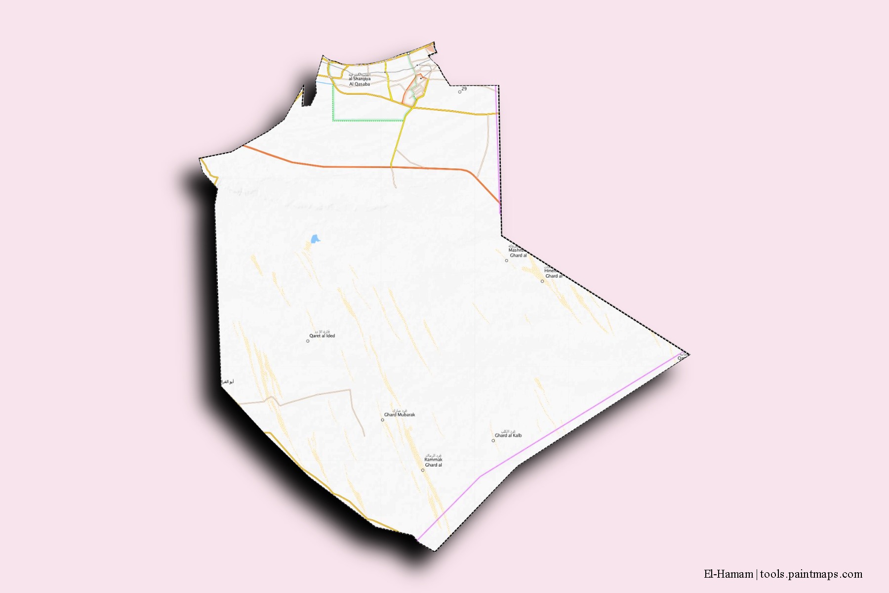 Mapa de barrios y pueblos de El-Hamam con efecto de sombra 3D