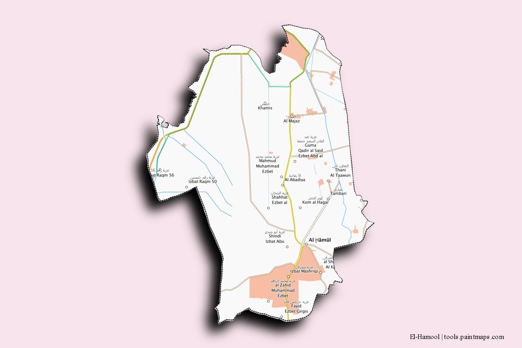 Mapa de barrios y pueblos de El-Hamool con efecto de sombra 3D