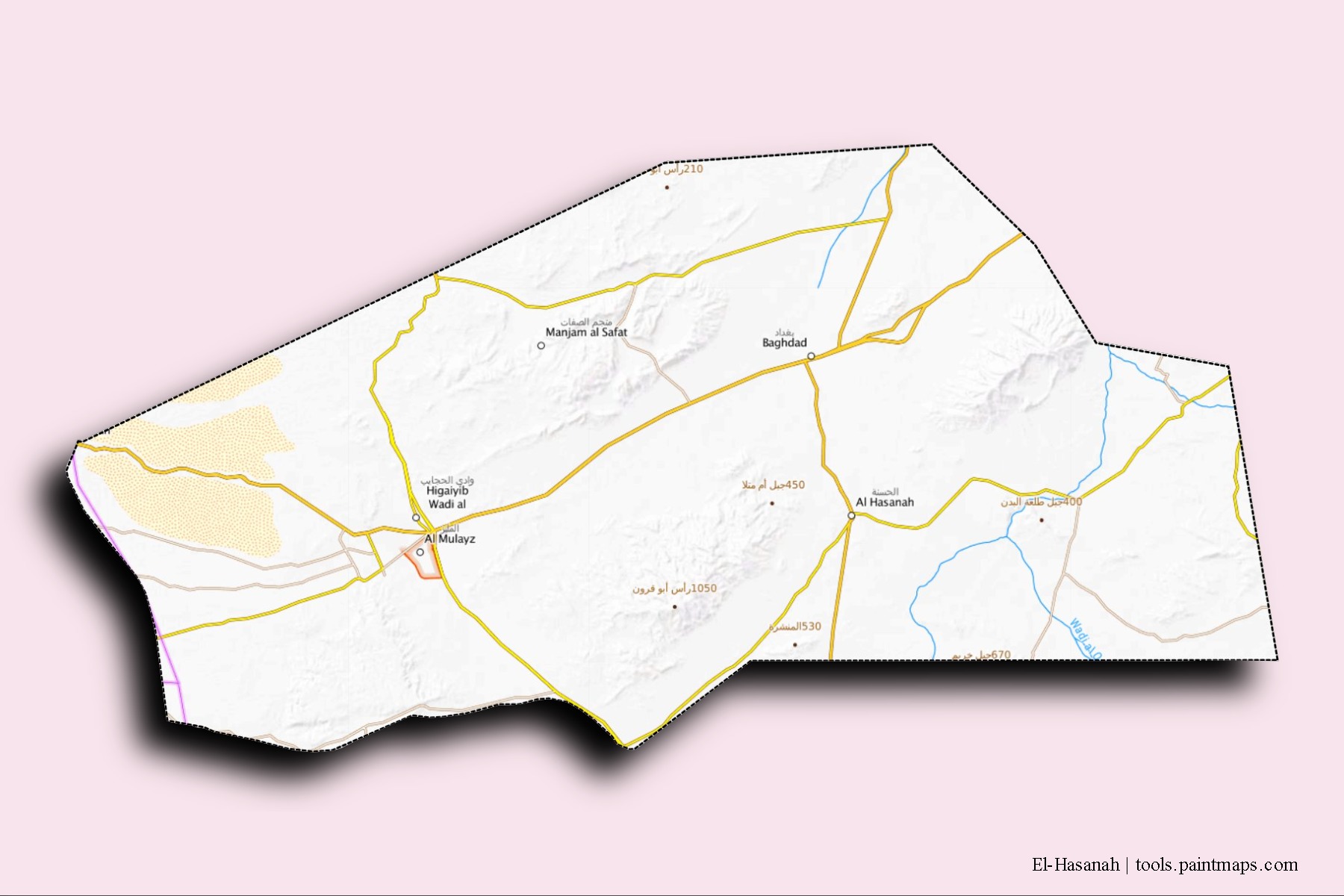 Mapa de barrios y pueblos de El-Hasanah con efecto de sombra 3D