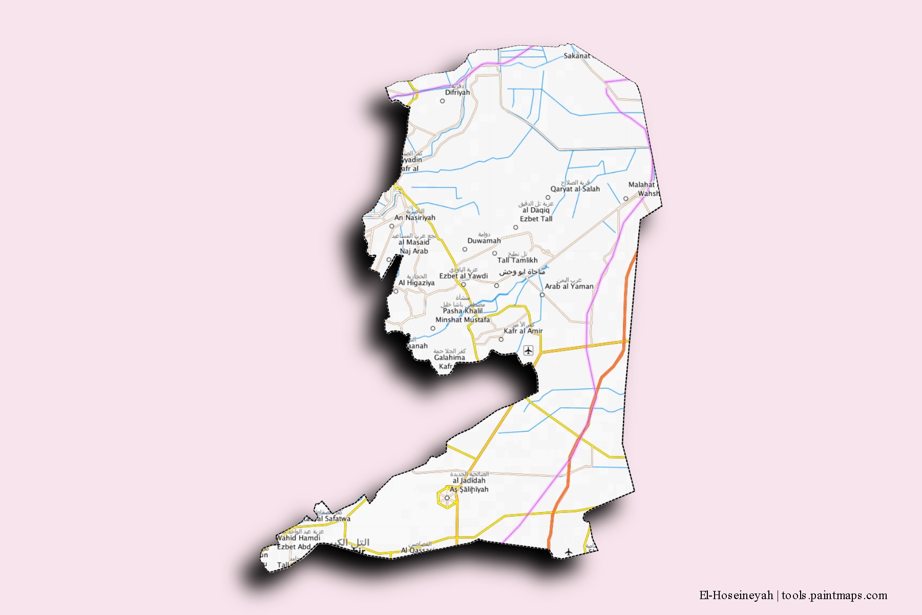 Mapa de barrios y pueblos de El-Hoseineyah con efecto de sombra 3D
