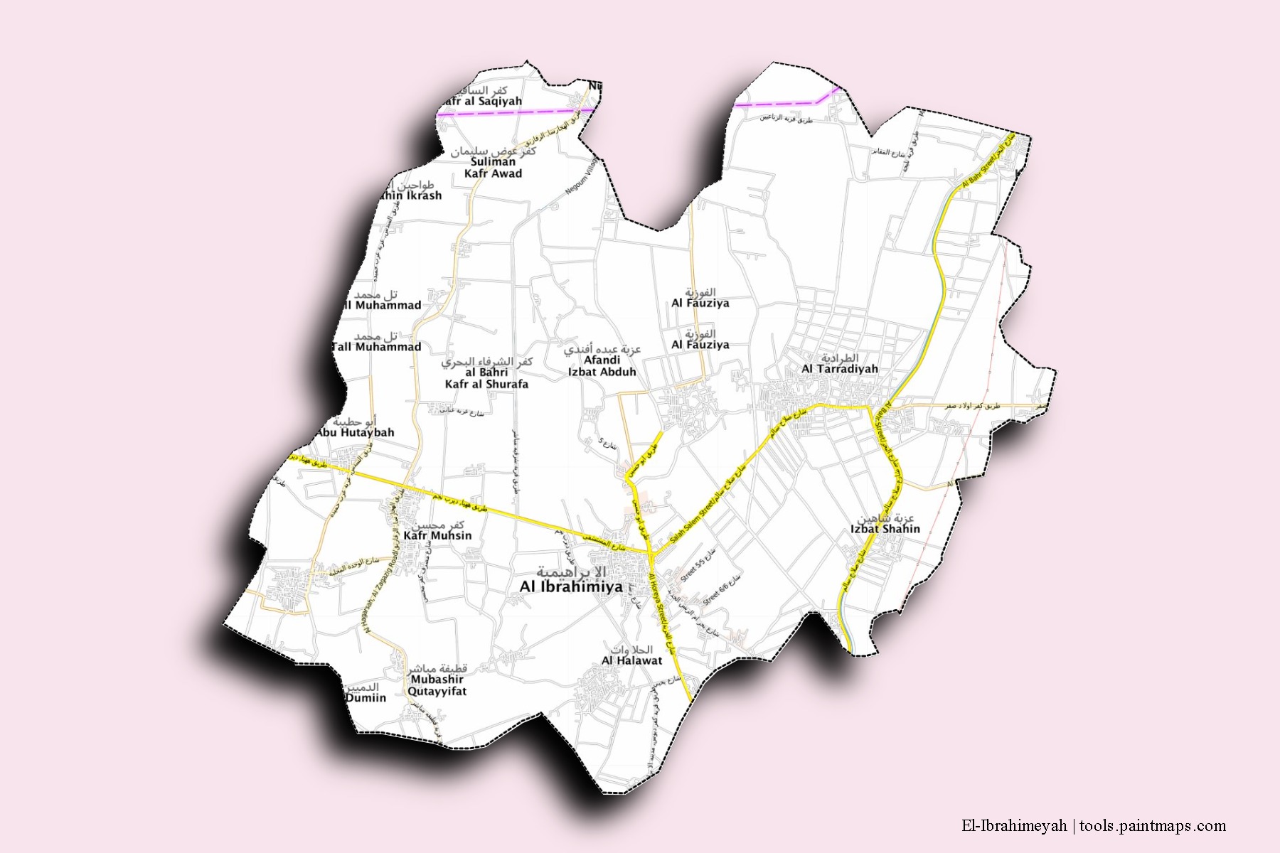 Mapa de barrios y pueblos de El-Ibrahimeyah con efecto de sombra 3D