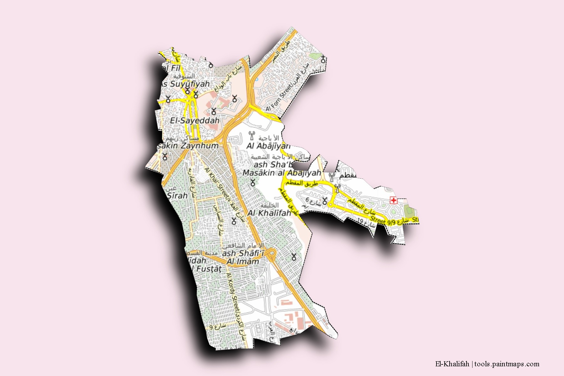 El-Khalifah neighborhoods and villages map with 3D shadow effect