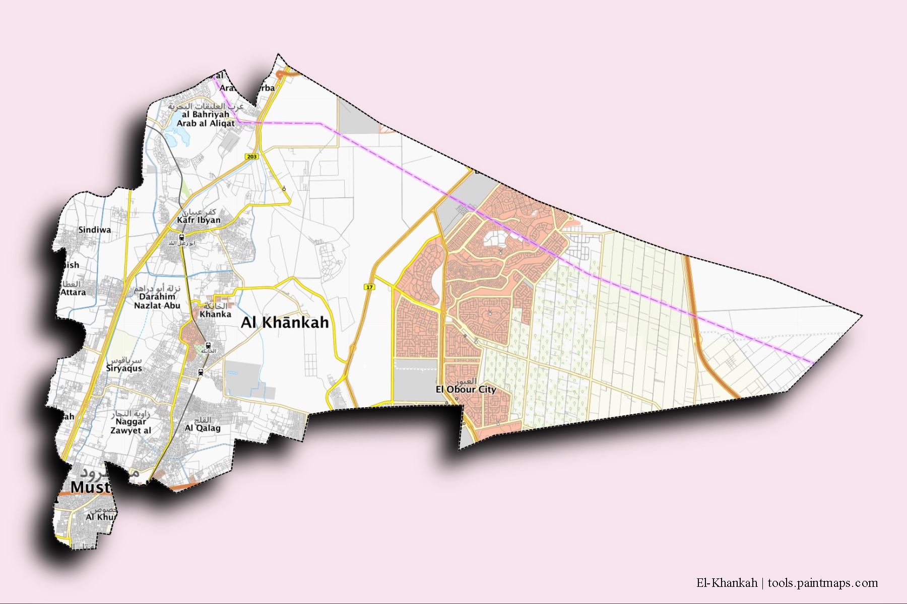 Mapa de barrios y pueblos de El-Khankah con efecto de sombra 3D