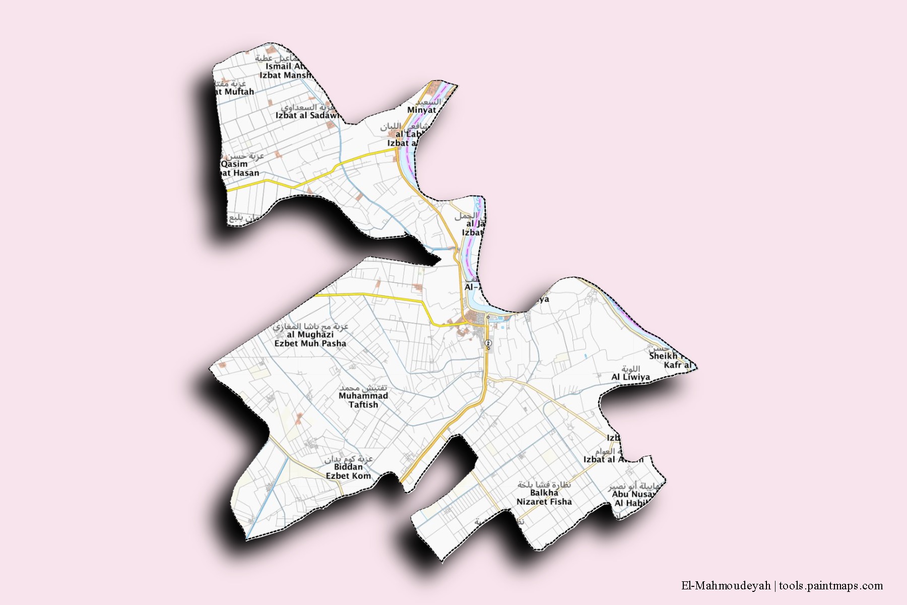 Mapa de barrios y pueblos de El-Mahmoudeyah con efecto de sombra 3D