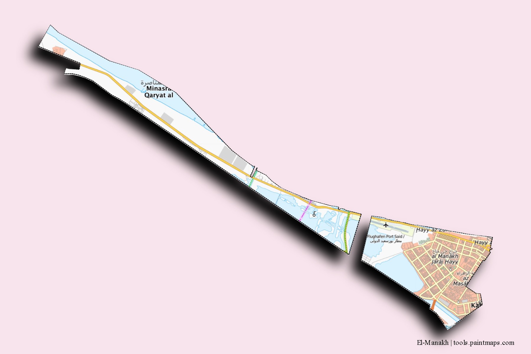 Mapa de barrios y pueblos de El-Manakh con efecto de sombra 3D