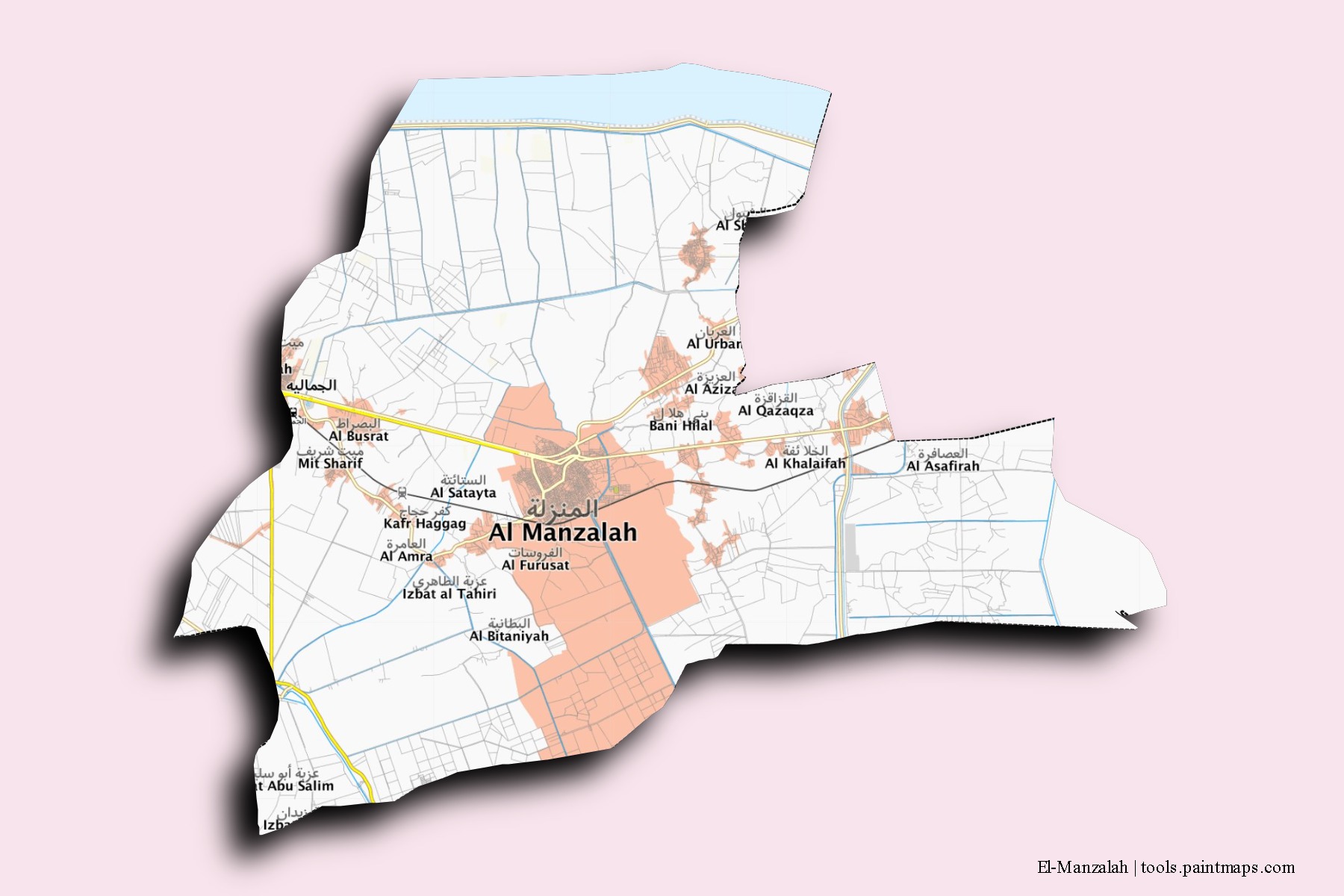 3D gölge efektli El-Manzalah mahalleleri ve köyleri haritası