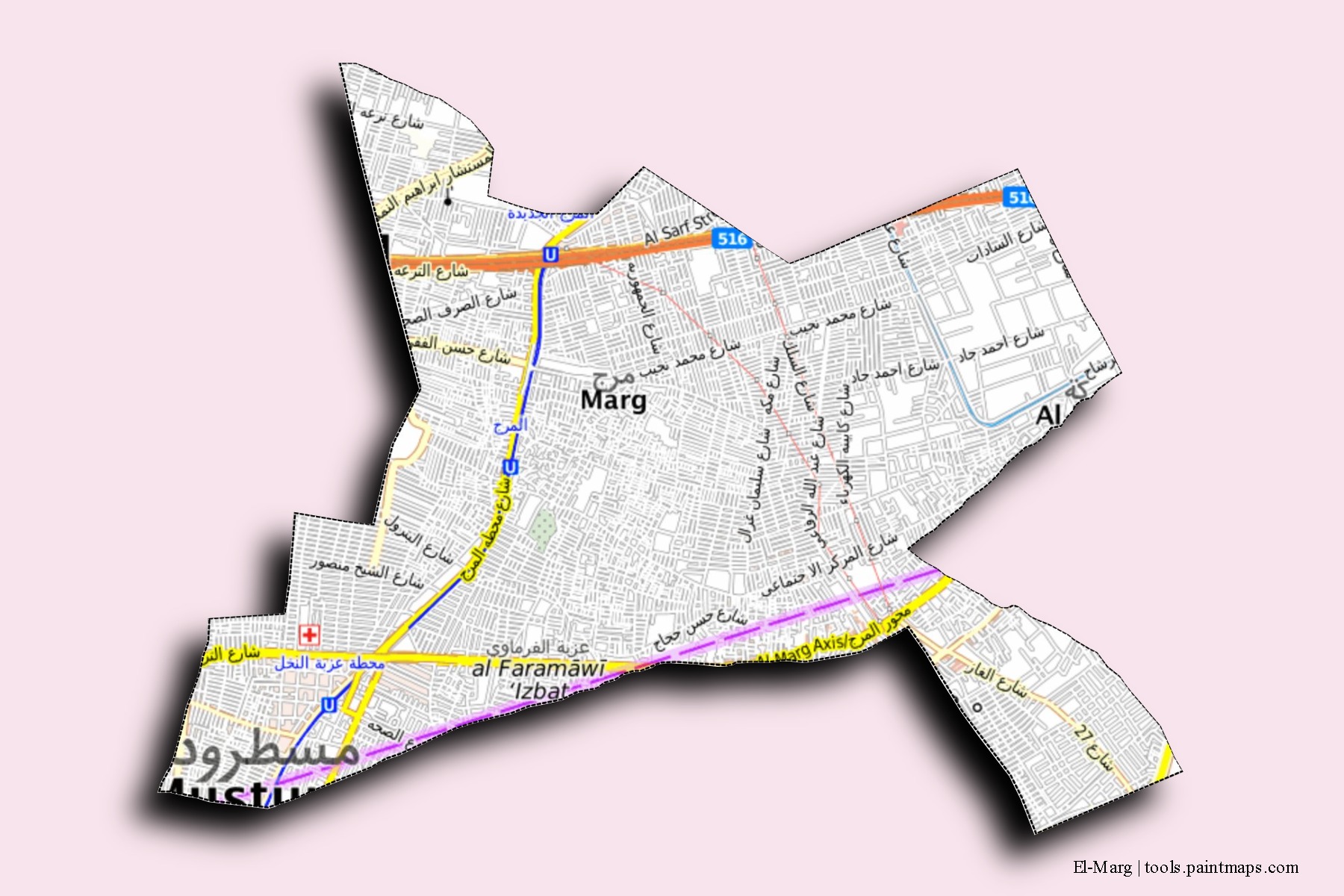 Mapa de barrios y pueblos de El-Marg con efecto de sombra 3D