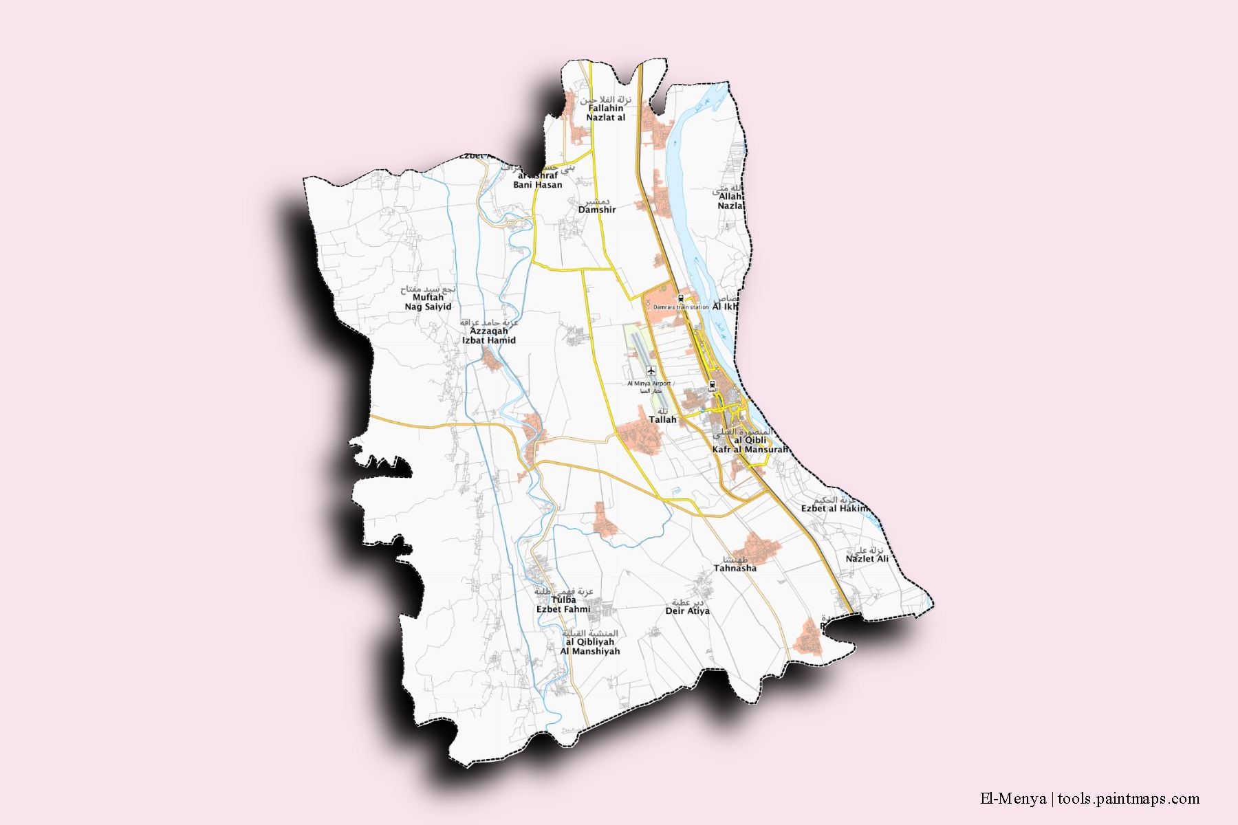 Mapa de barrios y pueblos de El-Menya con efecto de sombra 3D