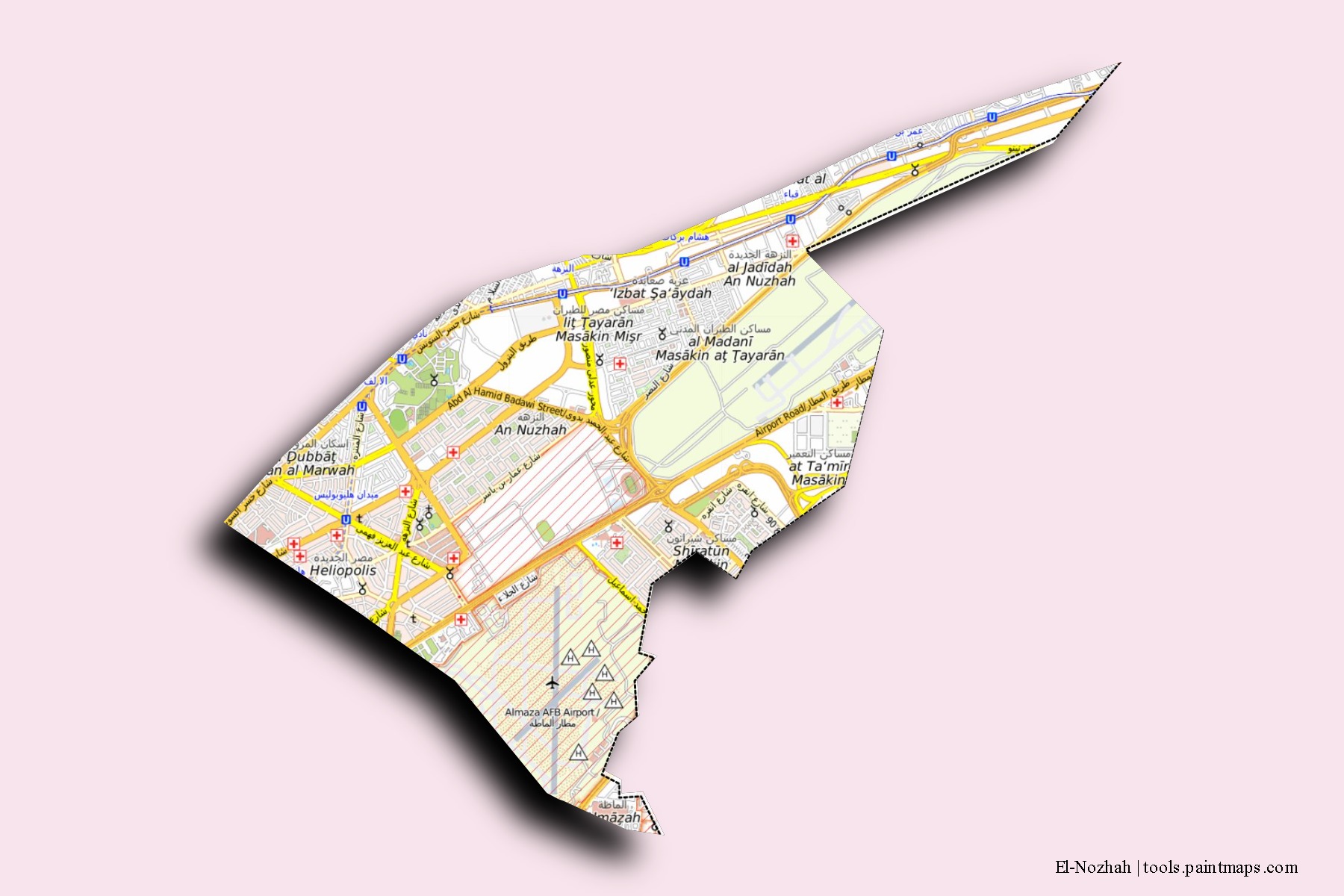 Mapa de barrios y pueblos de El-Nozhah con efecto de sombra 3D