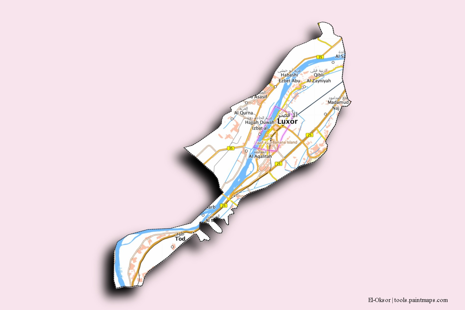 Mapa de barrios y pueblos de El-Oksor con efecto de sombra 3D