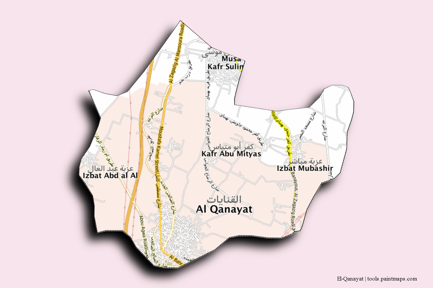 Mapa de barrios y pueblos de El-Qanayat con efecto de sombra 3D